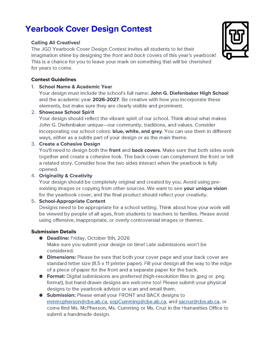 JGD Yearbook Cover Design Info
